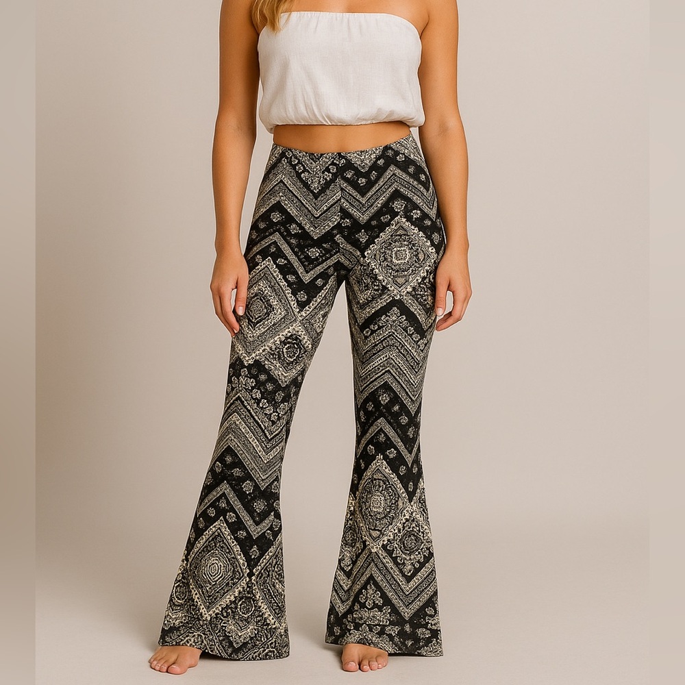 Black & Cream Boho Flare Pants - Medium, Festival Ready Statement Bottoms